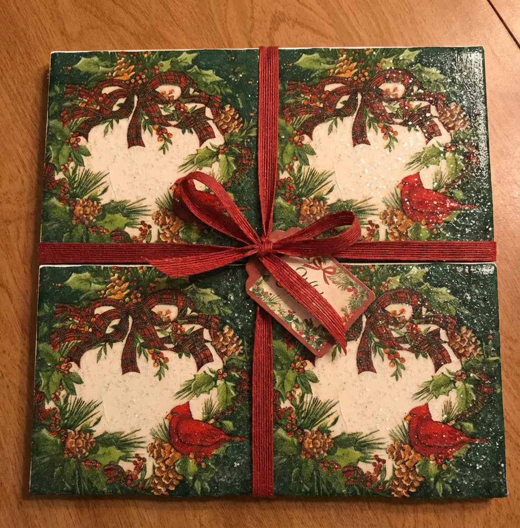 🎄 Set of 4 Ceramic Christmas Cardinal Coasters – Holiday Wreath Design, Gift-Ready 🎁