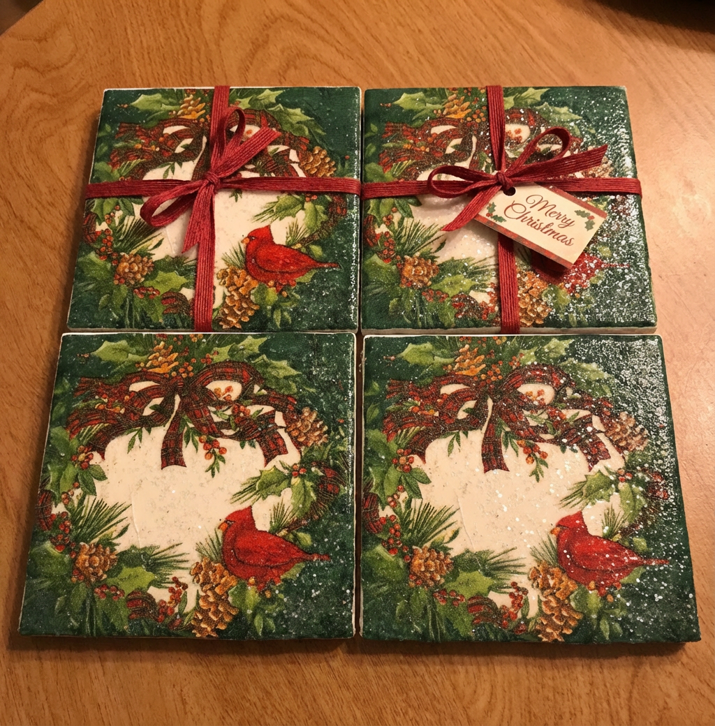 🎄 Set of 4 Ceramic Christmas Cardinal Coasters – Holiday Wreath Design, Gift-Ready 🎁