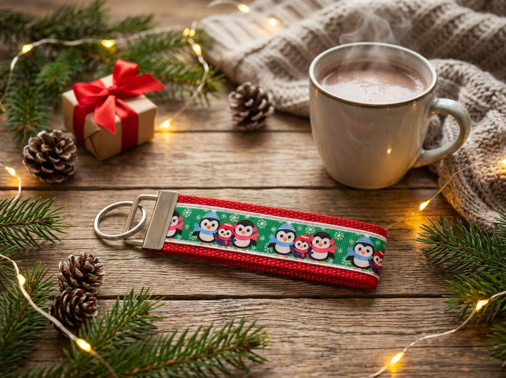 🎄 Holiday Penguin Wristlet Keychain – Cute Christmas Key Fob – Winter Accessory – Handmade Gift 🎁