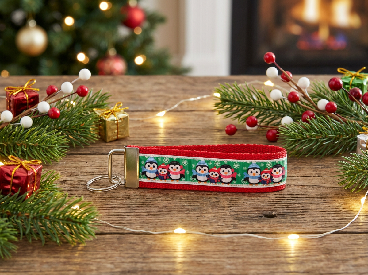 🎄 Holiday Penguin Wristlet Keychain – Cute Christmas Key Fob – Winter Accessory – Handmade Gift 🎁