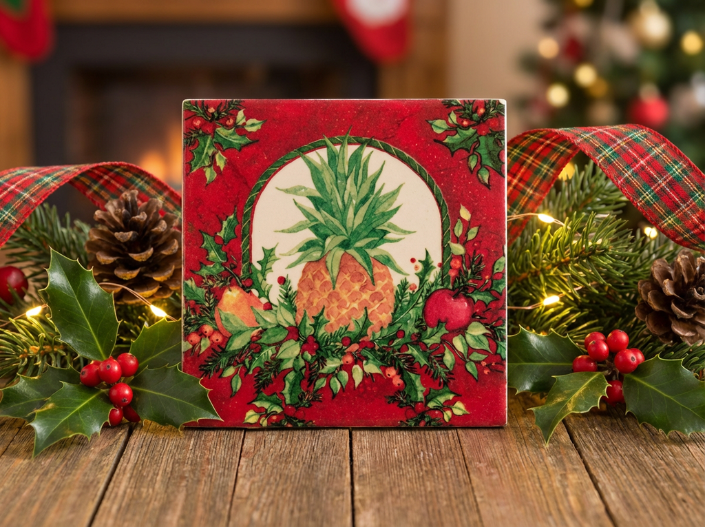🎄 Holiday Pineapple Ceramic Coasters – Set of 4 | Festive Drink Coasters | Christmas Home Décor | Hostess Gift | Housewarming Gift