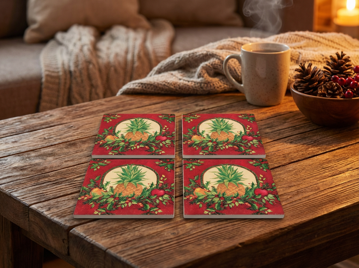🎄 Holiday Pineapple Ceramic Coasters – Set of 4 | Festive Drink Coasters | Christmas Home Décor | Hostess Gift | Housewarming Gift