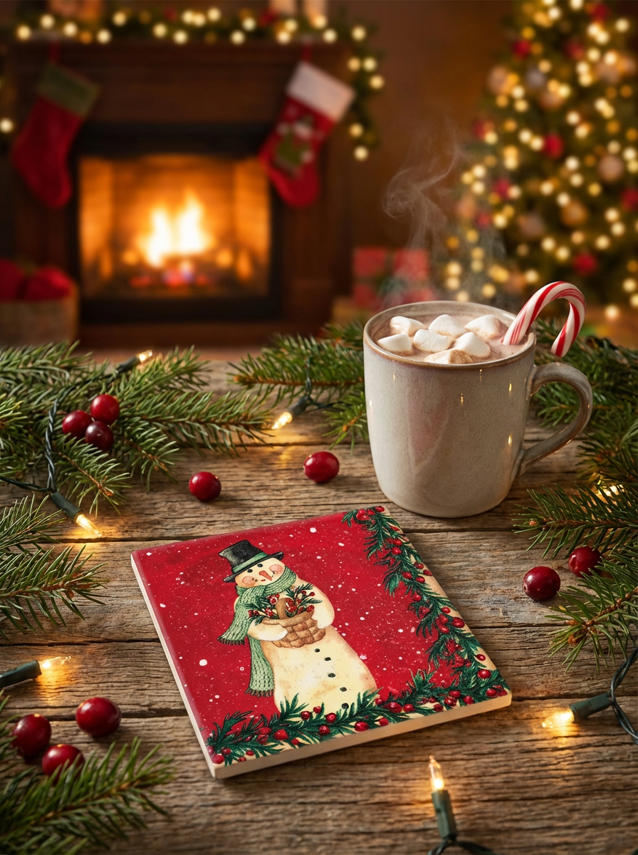 ✨ Christmas Snowman Ceramic Coasters – Set of 4 | Holiday Home Décor | Gift-Ready Drink Coasters