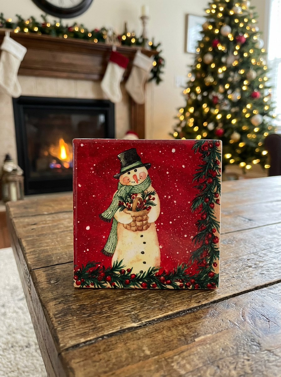 ✨ Christmas Snowman Ceramic Coasters – Set of 4 | Holiday Home Décor | Gift-Ready Drink Coasters