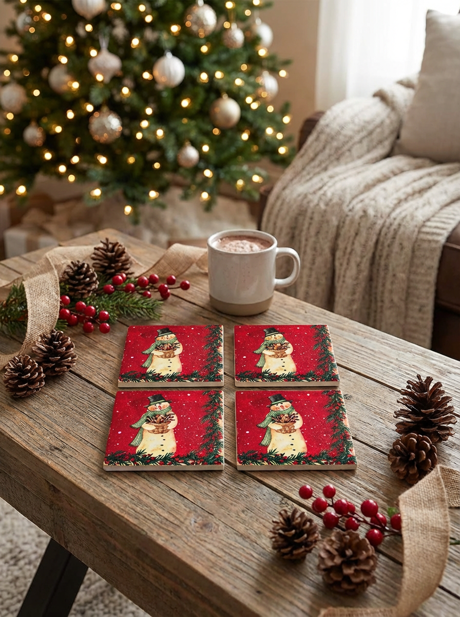 ✨ Christmas Snowman Ceramic Coasters – Set of 4 | Holiday Home Décor | Gift-Ready Drink Coasters