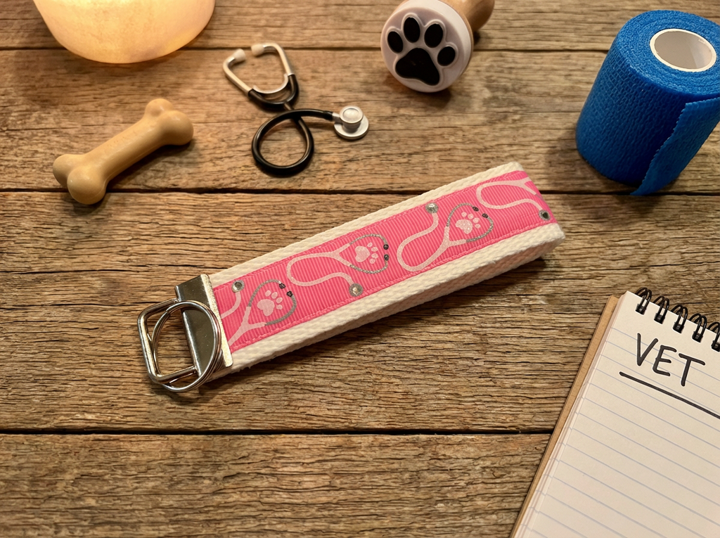 ✨ Pink Vet Tech/Vet Keychain Wristlet – Stethoscope & Paw Print Design | Durable Handmade Key Fob