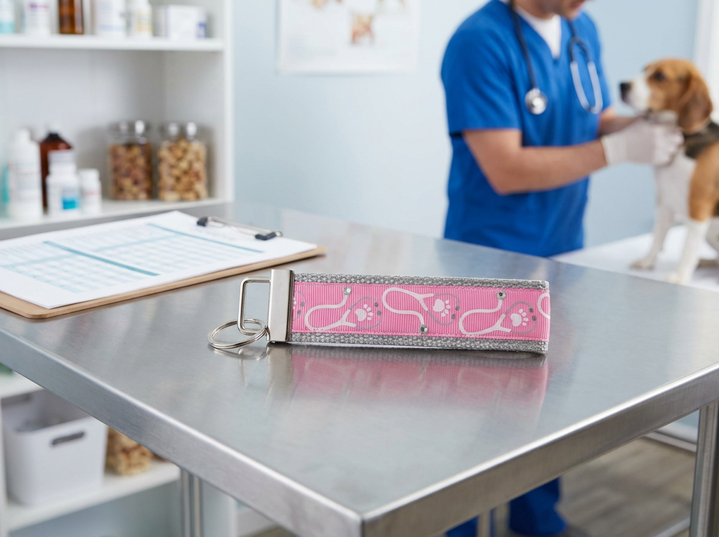 ✨ Pink Vet Tech/Vet Keychain Wristlet – Stethoscope & Paw Print Design | Durable Handmade Key Fob