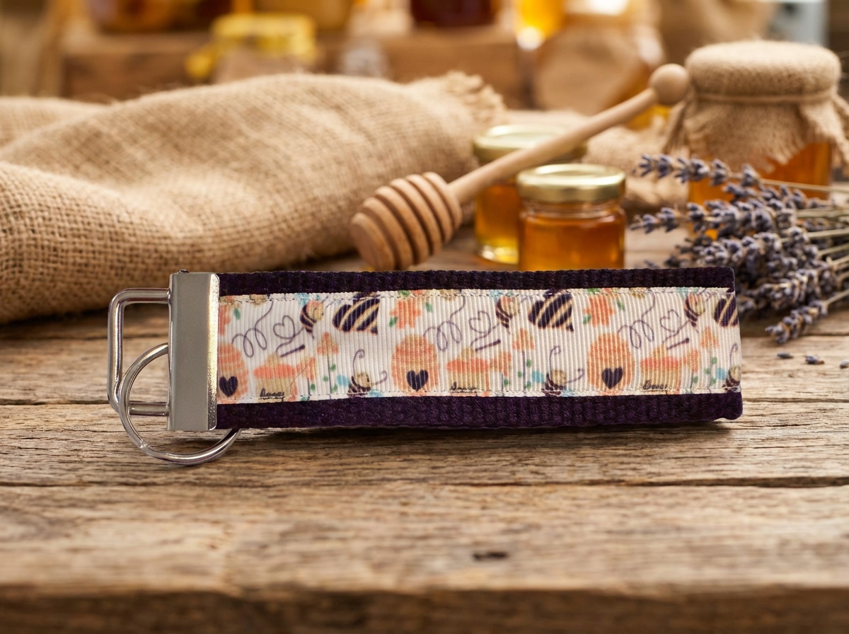 🐝 Bee Wristlet Keychain – Cute Honey Bee Key Fob, Beehive Keychain for Women, Bee Lover Gift, Floral Bee Pattern, Handmade Keychain Wristlet