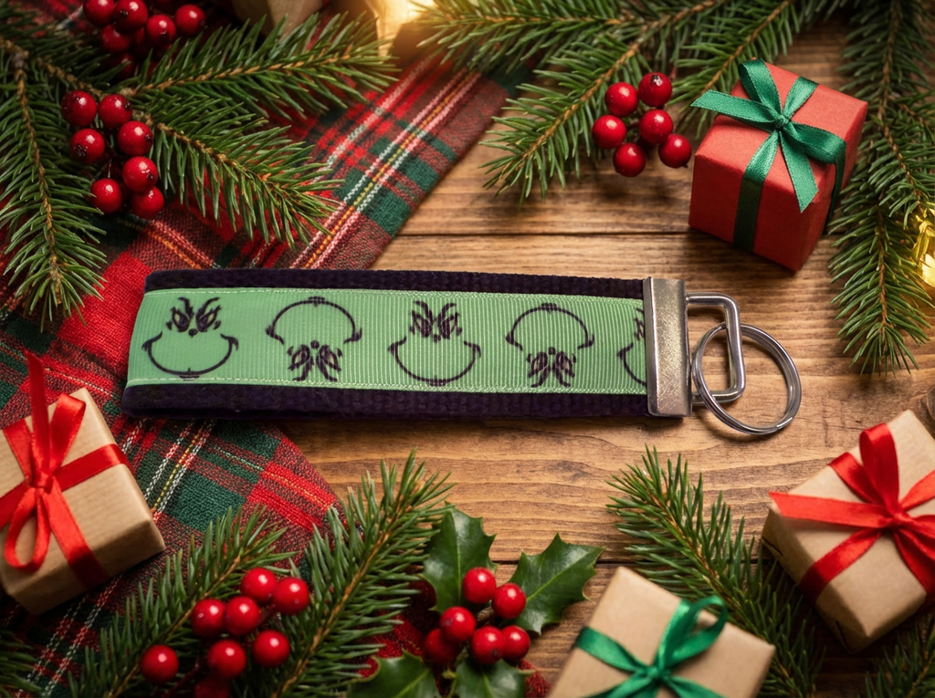 🎄 Grinch Inspired Wristlet Keychain | Holiday Key Fob | Christmas Gift | Green Grinch Face Keychain