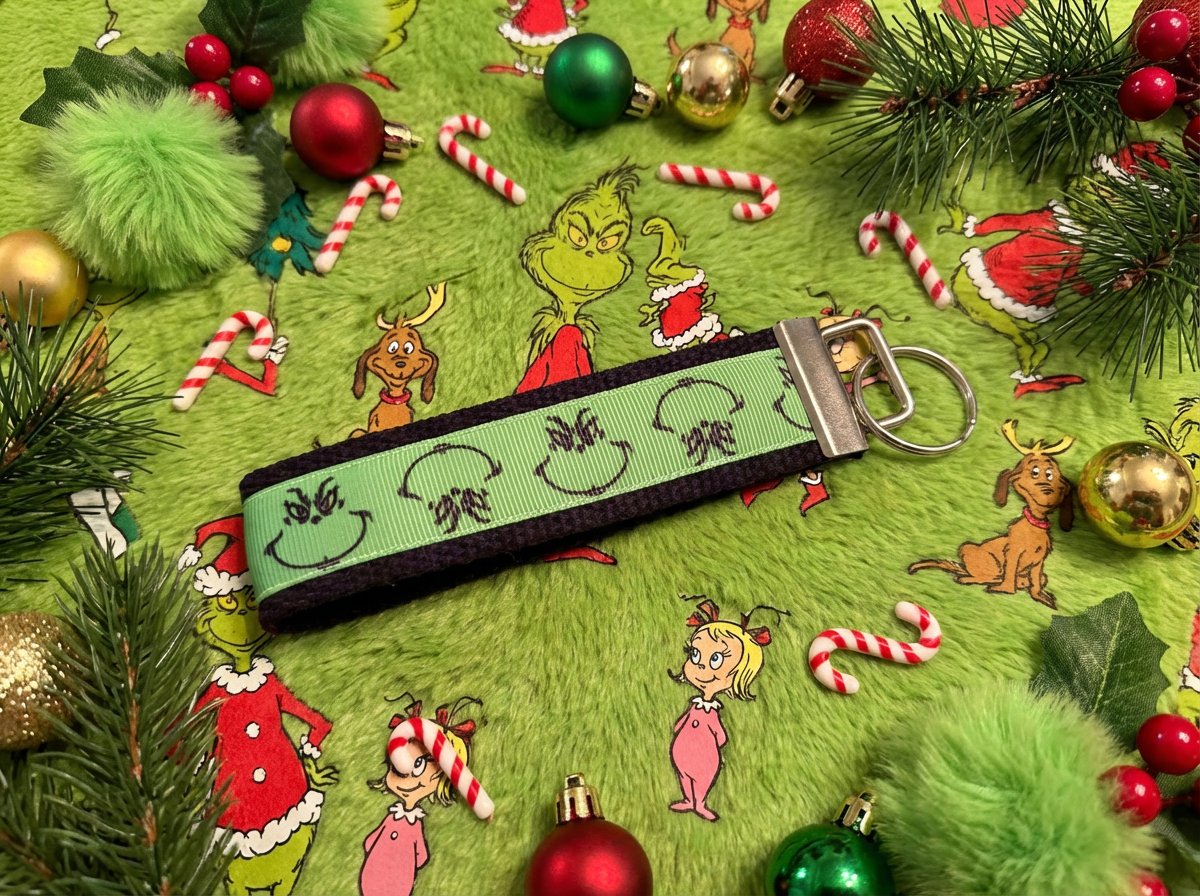 🎄 Grinch Inspired Wristlet Keychain | Holiday Key Fob | Christmas Gift | Green Grinch Face Keychain