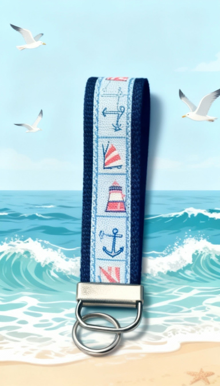 ⭐ Nautical Wristlet Keychain – Lighthouse & Anchor Key Fob – Coastal Keychain – Beach Theme Key Holder – Sailing Gift for Her