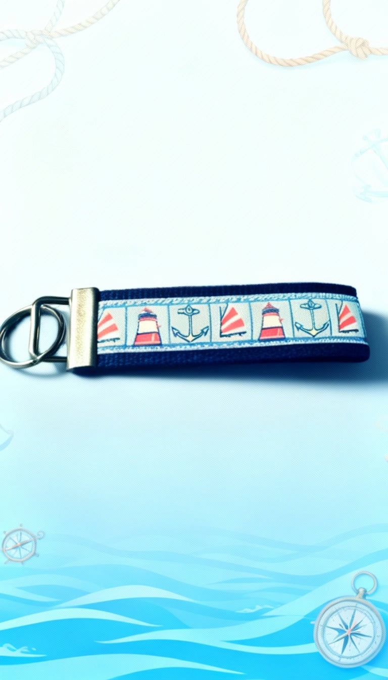 ⭐ Nautical Wristlet Keychain – Lighthouse & Anchor Key Fob – Coastal Keychain – Beach Theme Key Holder – Sailing Gift for Her