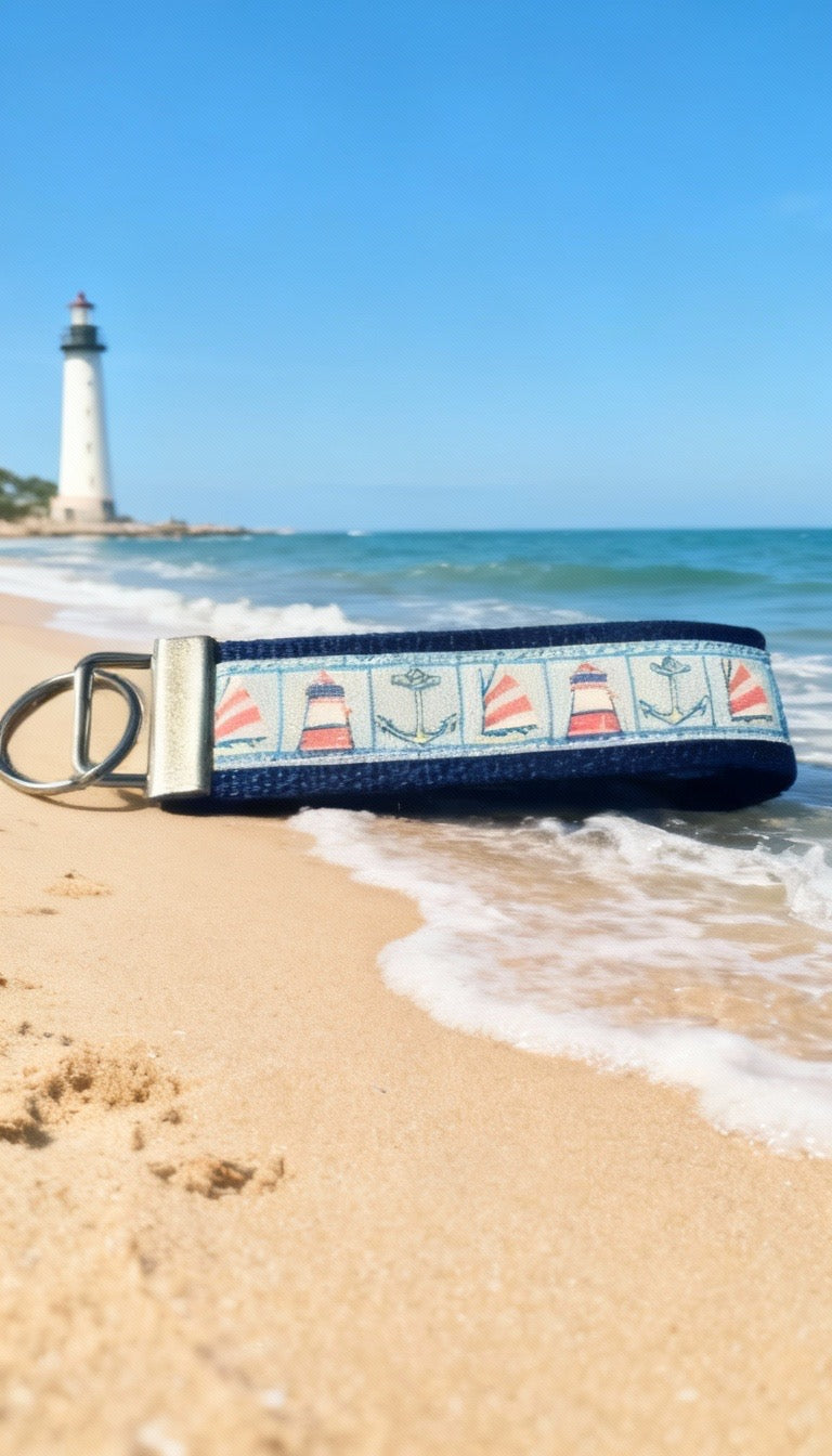 ⭐ Nautical Wristlet Keychain – Lighthouse & Anchor Key Fob – Coastal Keychain – Beach Theme Key Holder – Sailing Gift for Her