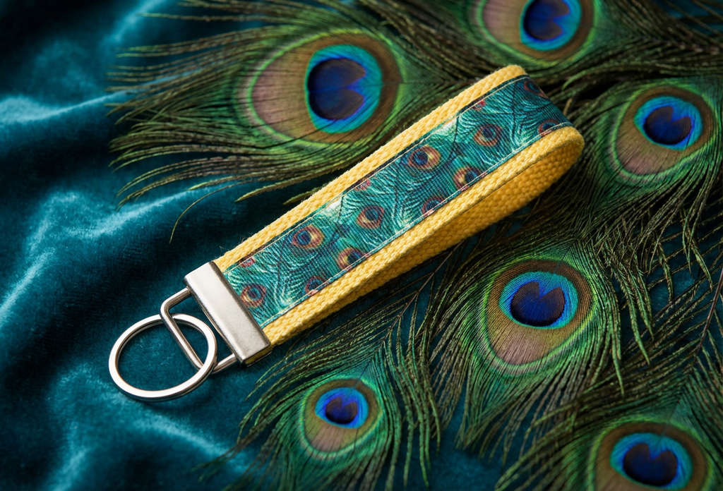 🦚 Peacock Feather Wristlet Keychain – Boho Key Fob – Vibrant Blue & Green Lanyard – Handmade Gift for Women – Bohemian Accessory