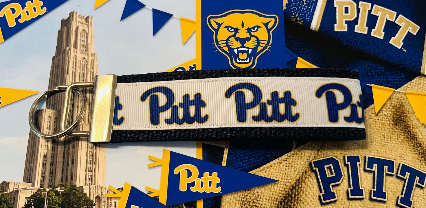 University of Pittsburgh Wristlet Keychain – Pitt Panthers Navy & Gold Fabric Key Fob – College Spirit Gift