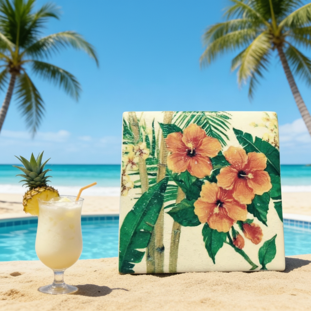 Orange Hibiscus Ceramic Tile Coasters (set of 4)