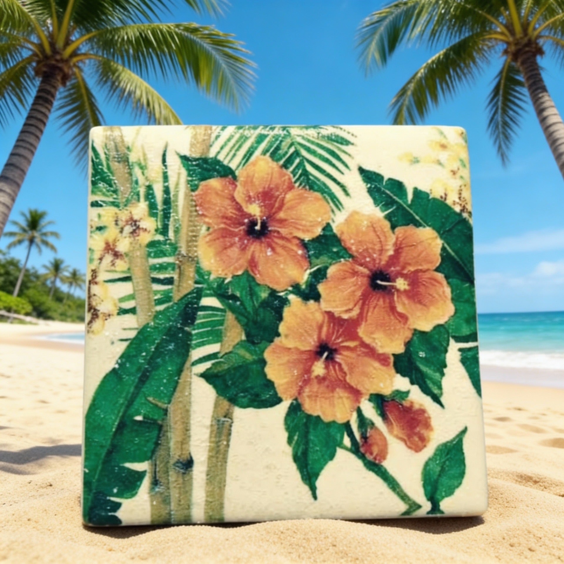 Orange Hibiscus Ceramic Tile Coasters (set of 4)