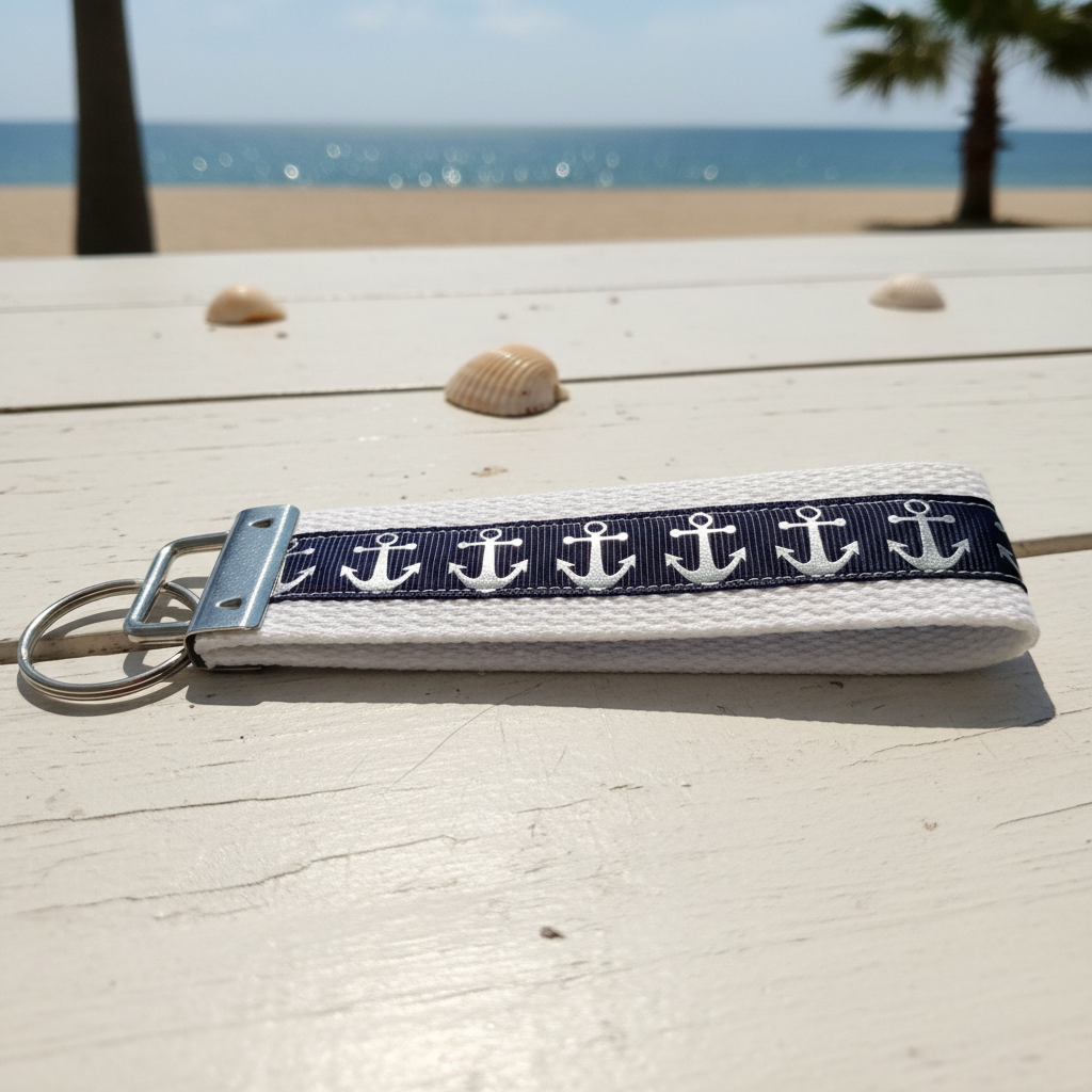 ⚓ Nautical Anchor Keychain — Navy & White Wristlet Key Fob, Beach Lover Gift, Boat Key Holder, Coastal Accessory