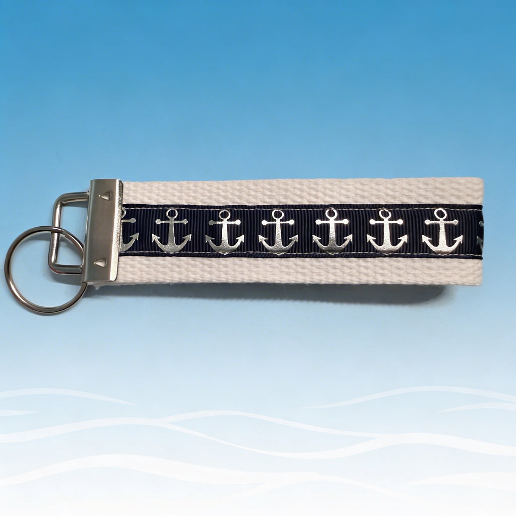 ⚓ Nautical Anchor Keychain — Navy & White Wristlet Key Fob, Beach Lover Gift, Boat Key Holder, Coastal Accessory