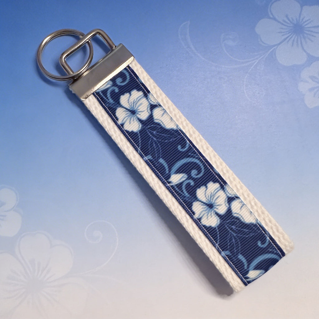 🌺 Blue Tropical Floral Wristlet Keychain — Fabric Key Fob
