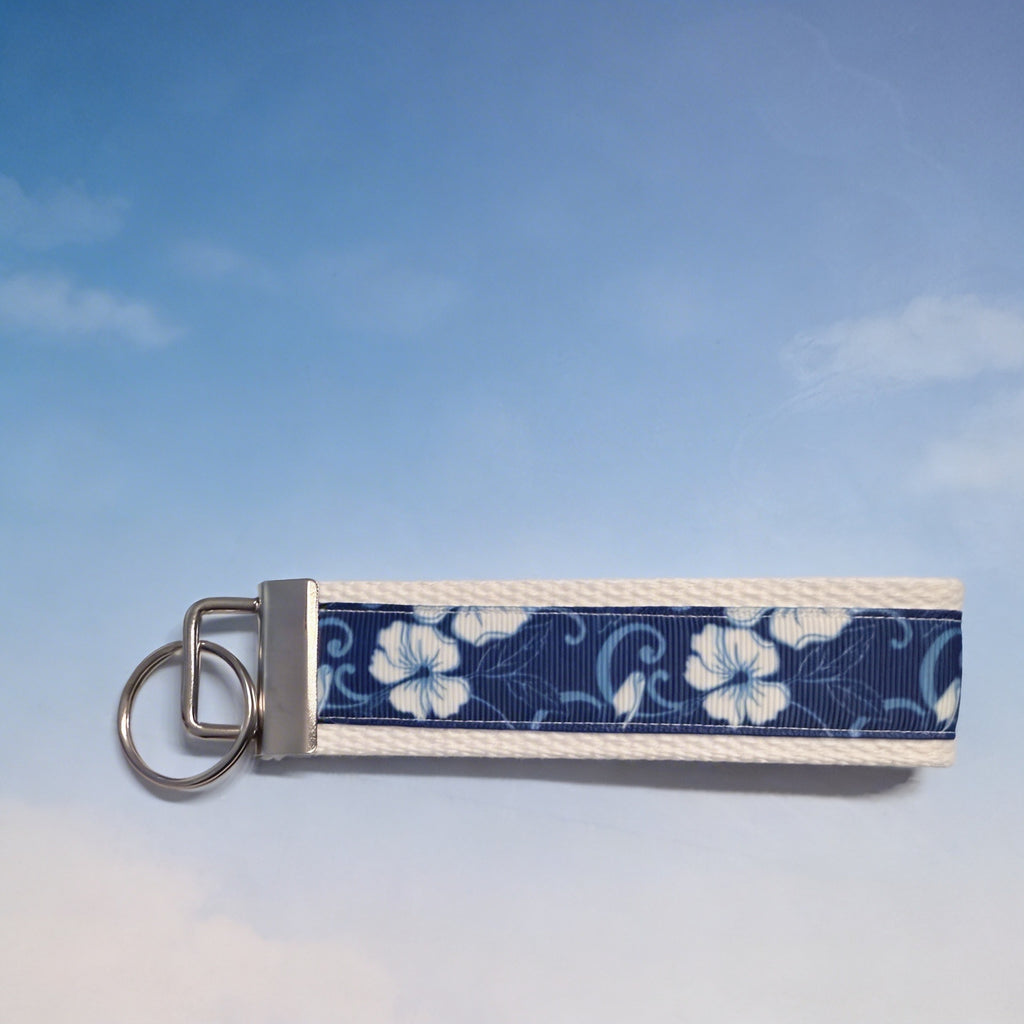 🌺 Blue Tropical Floral Wristlet Keychain — Fabric Key Fob
