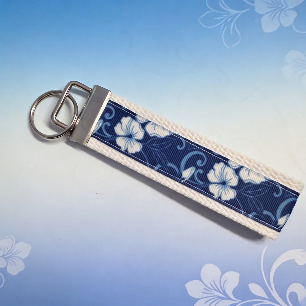 🌺 Blue Tropical Floral Wristlet Keychain — Fabric Key Fob