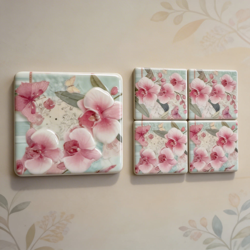 Orchid & Butterfly Ceramic Coaster Set – Vintage Floral Drink Coasters (Set of 4)