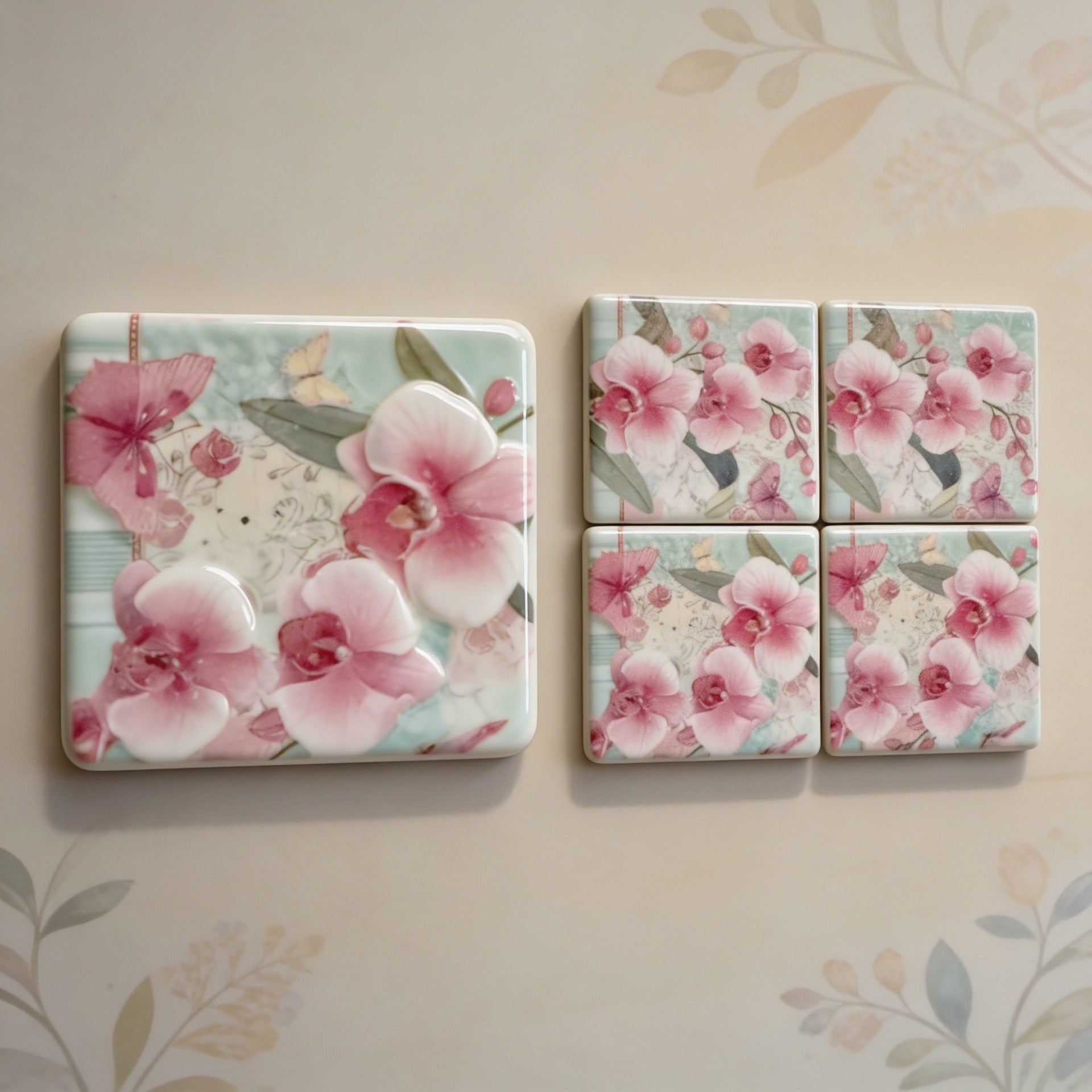 Orchid & Butterfly Ceramic Coaster Set – Vintage Floral Drink Coasters (Set of 4)