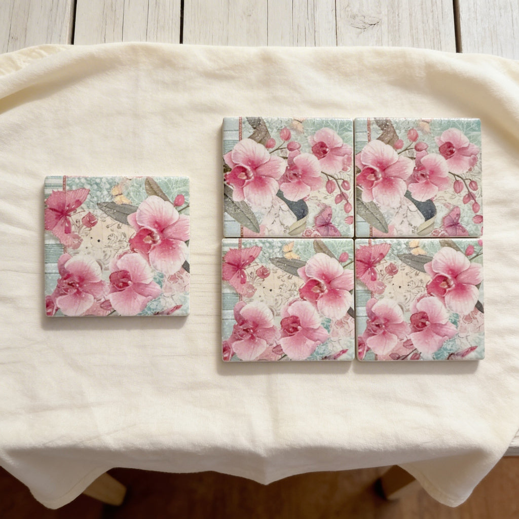 Orchid & Butterfly Ceramic Coaster Set – Vintage Floral Drink Coasters (Set of 4)
