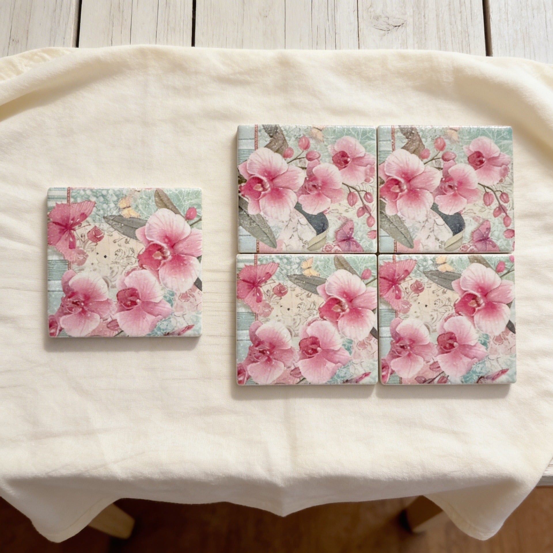 Orchid & Butterfly Ceramic Coaster Set – Vintage Floral Drink Coasters (Set of 4)