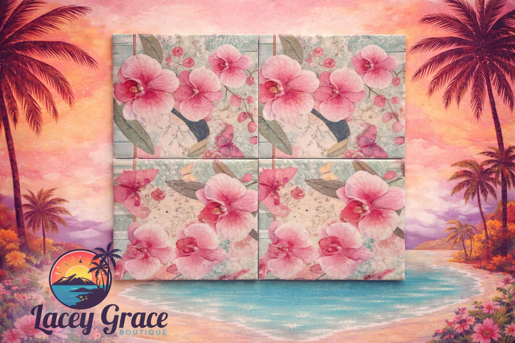 Orchid & Butterfly Ceramic Coaster Set – Vintage Floral Drink Coasters (Set of 4)