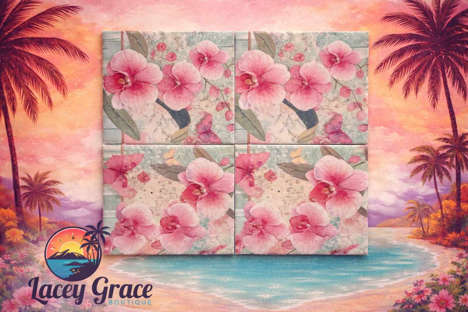 Orchid & Butterfly Ceramic Coaster Set – Vintage Floral Drink Coasters (Set of 4)
