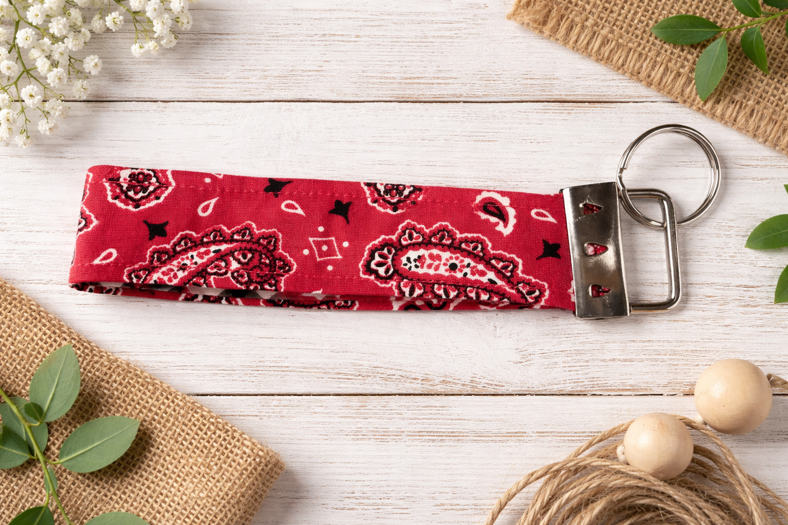 🌾 Red Bandana Fabric Wristlet Keychain — Farmhouse Style — Handmade Key Fob — Western / Rustic Wrist Strap — Gift for Her