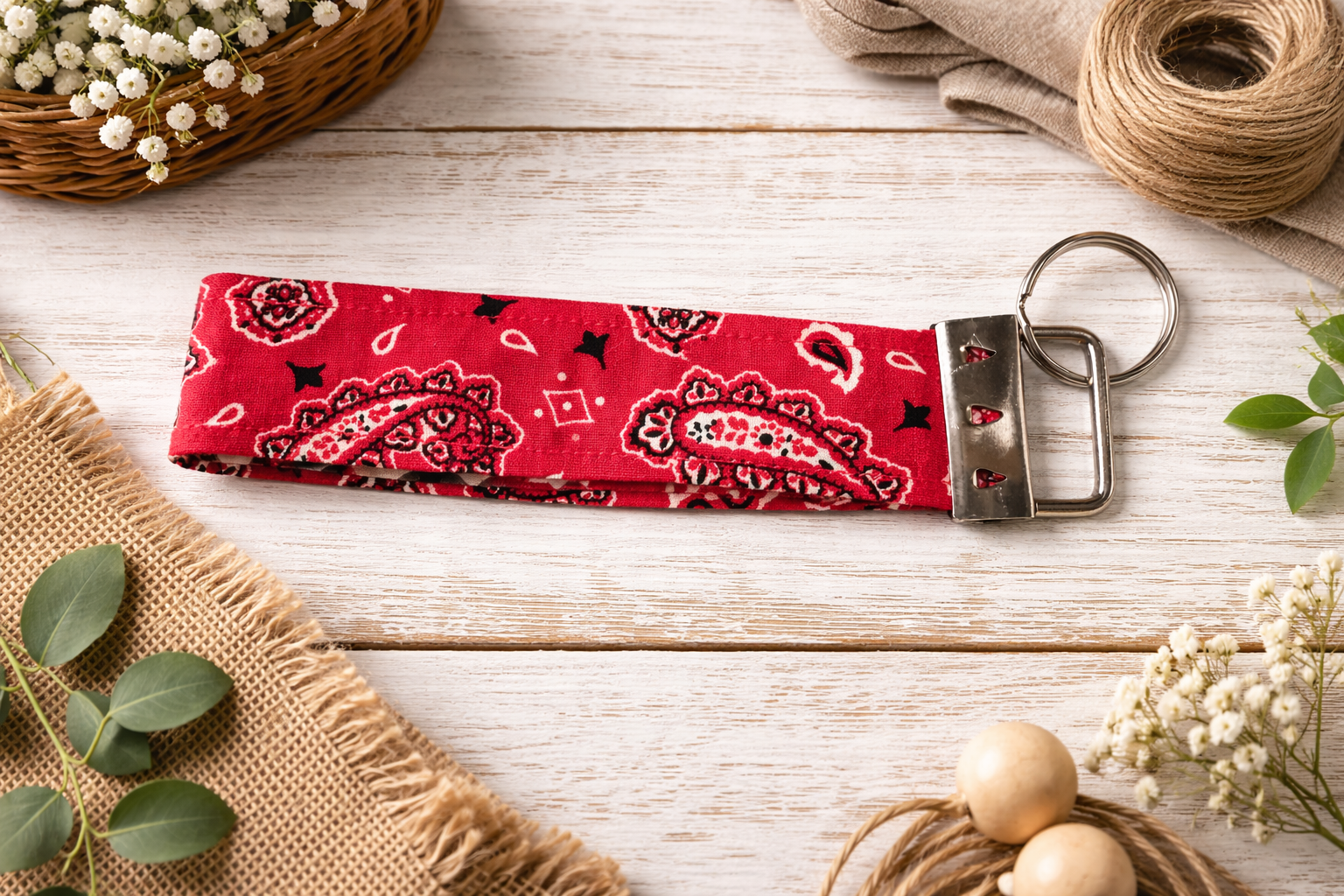 🌾 Red Bandana Fabric Wristlet Keychain — Farmhouse Style — Handmade Key Fob — Western / Rustic Wrist Strap — Gift for Her