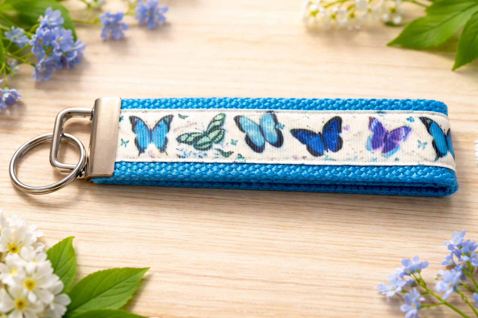 🦋 Butterfly Wristlet Keychain — Blue Fabric Key Fob — Handmade Keychain — Gift for Her — Spring Garden Accessories — Cute Key Holder