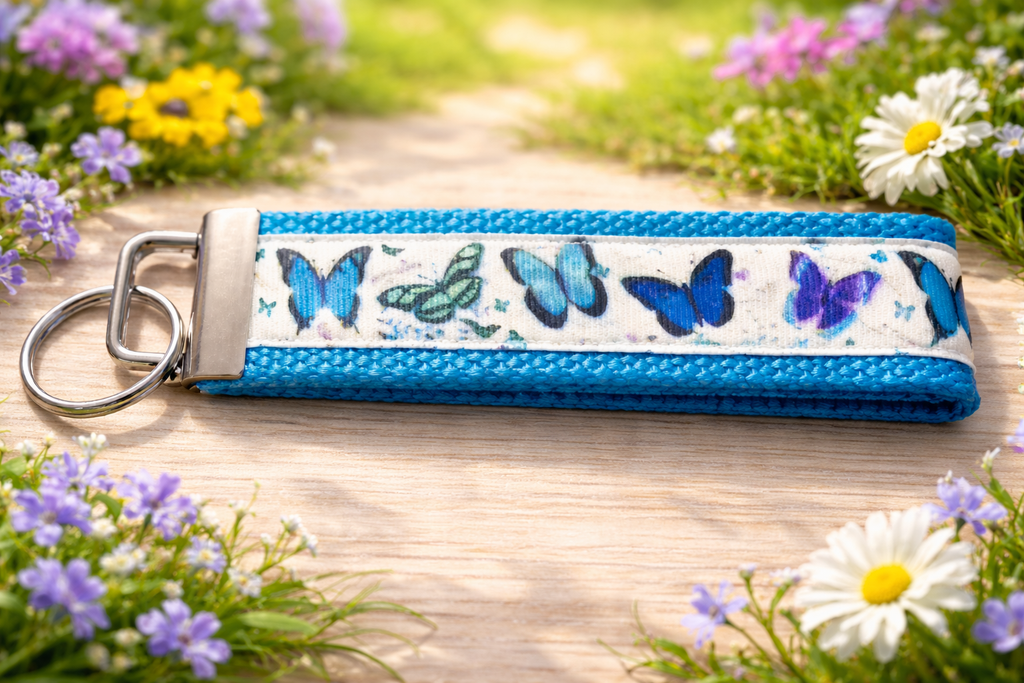 🦋 Butterfly Wristlet Keychain — Blue Fabric Key Fob — Handmade Keychain — Gift for Her — Spring Garden Accessories — Cute Key Holder