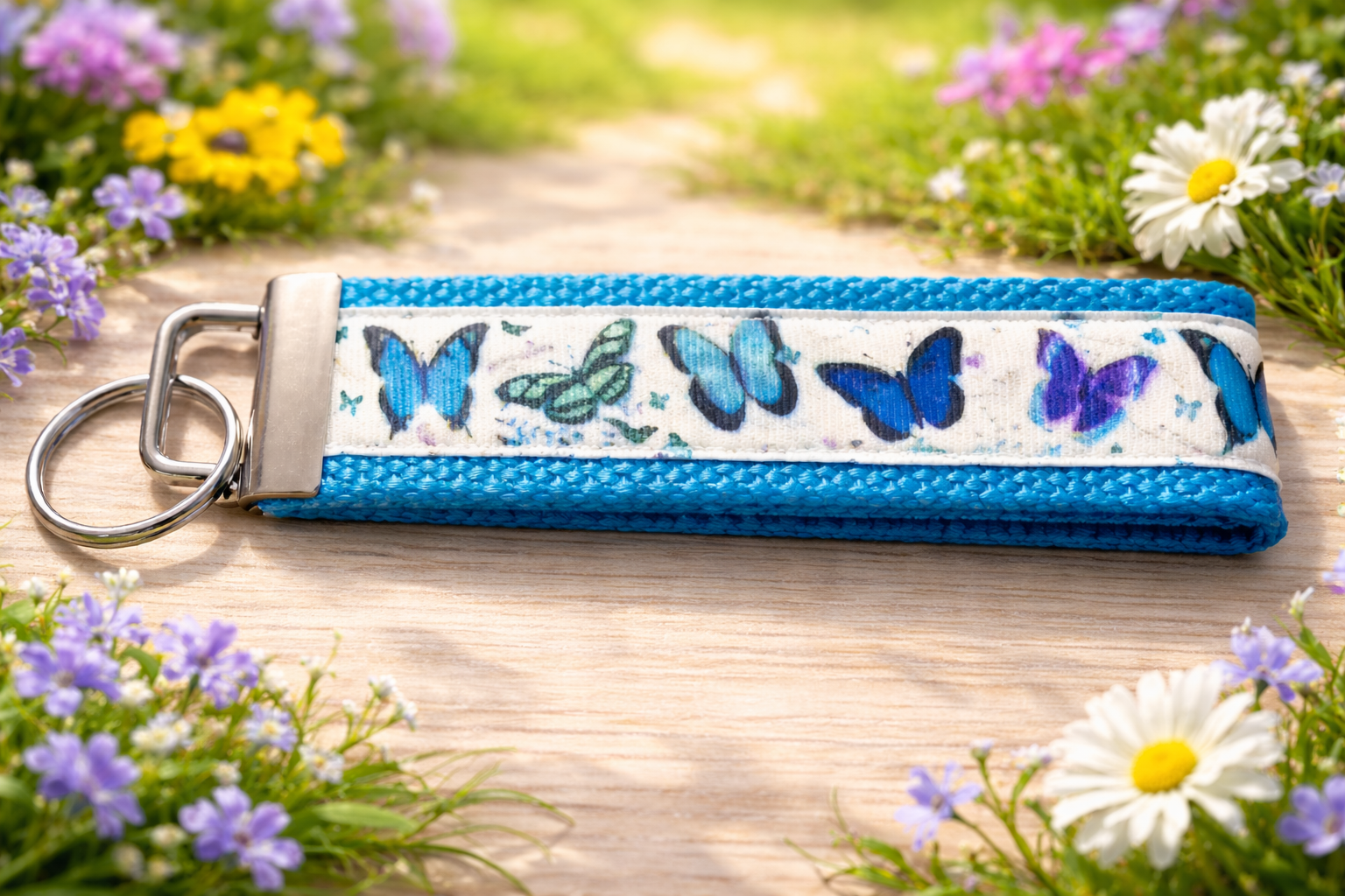 🦋 Butterfly Wristlet Keychain — Blue Fabric Key Fob — Handmade Keychain — Gift for Her — Spring Garden Accessories — Cute Key Holder
