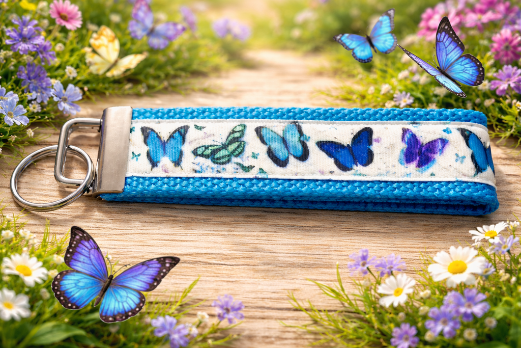 🦋 Butterfly Wristlet Keychain — Blue Fabric Key Fob — Handmade Keychain — Gift for Her — Spring Garden Accessories — Cute Key Holder