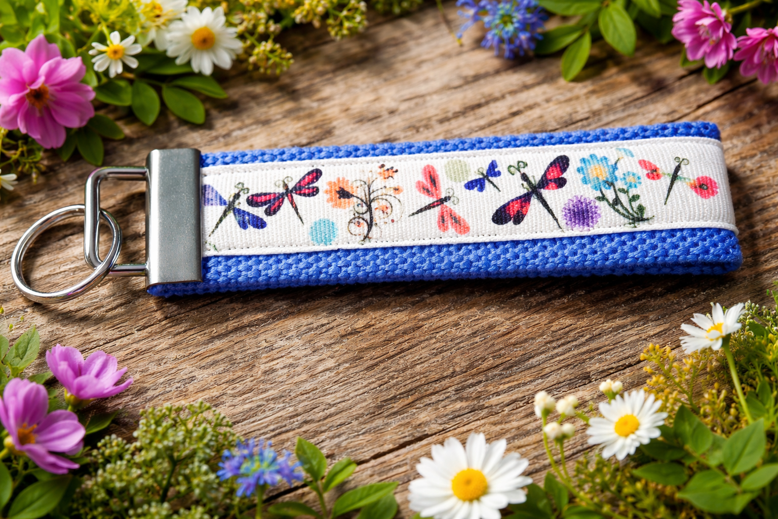 🦋 Dragonfly Wristlet Keychain — Blue Fabric Key Fob — Handmade Dragonfly Lanyard — Gift for Her — Nature Lover Gift — Bag Charm