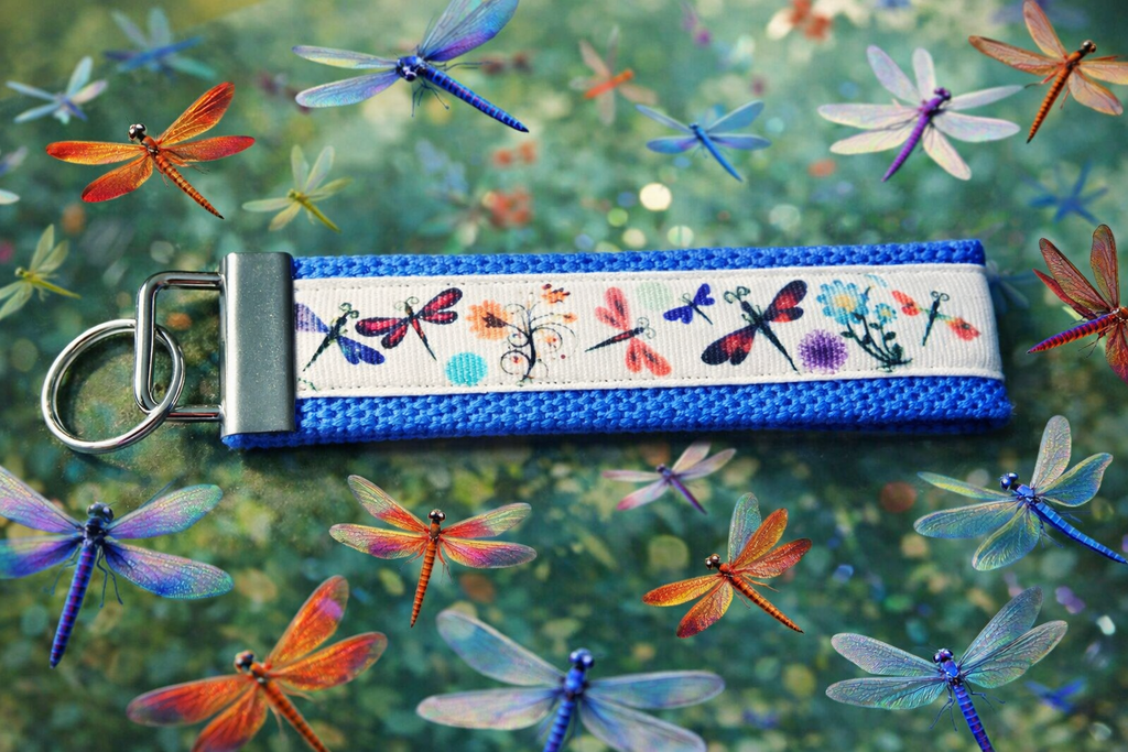 🦋 Dragonfly Wristlet Keychain — Blue Fabric Key Fob — Handmade Dragonfly Lanyard — Gift for Her — Nature Lover Gift — Bag Charm