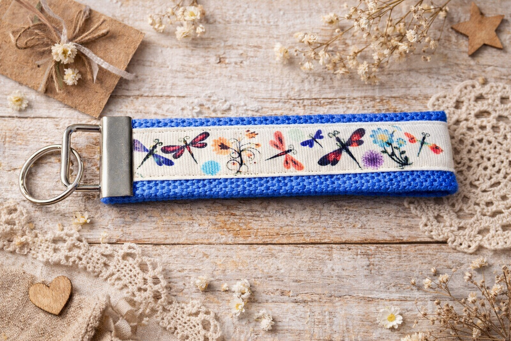 🦋 Dragonfly Wristlet Keychain — Blue Fabric Key Fob — Handmade Dragonfly Lanyard — Gift for Her — Nature Lover Gift — Bag Charm