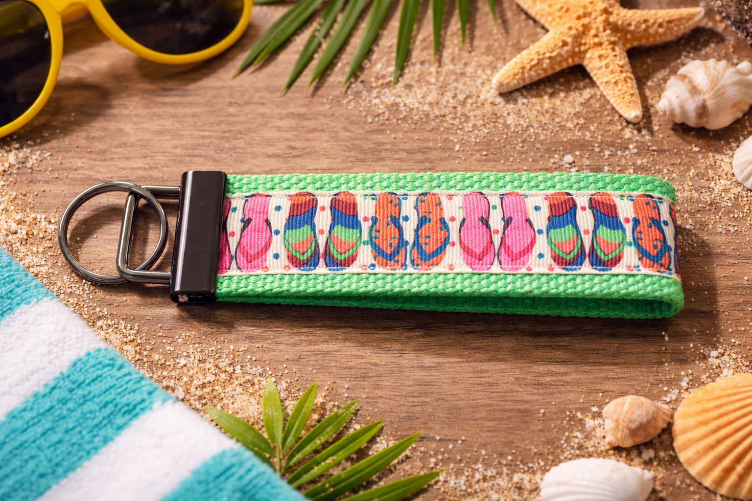 🌴  Flip-Flop Keychain — Summer Wristlet Key Fob — Beach Lover Gift — Coastal Keychain — Handmade Fabric Keychain