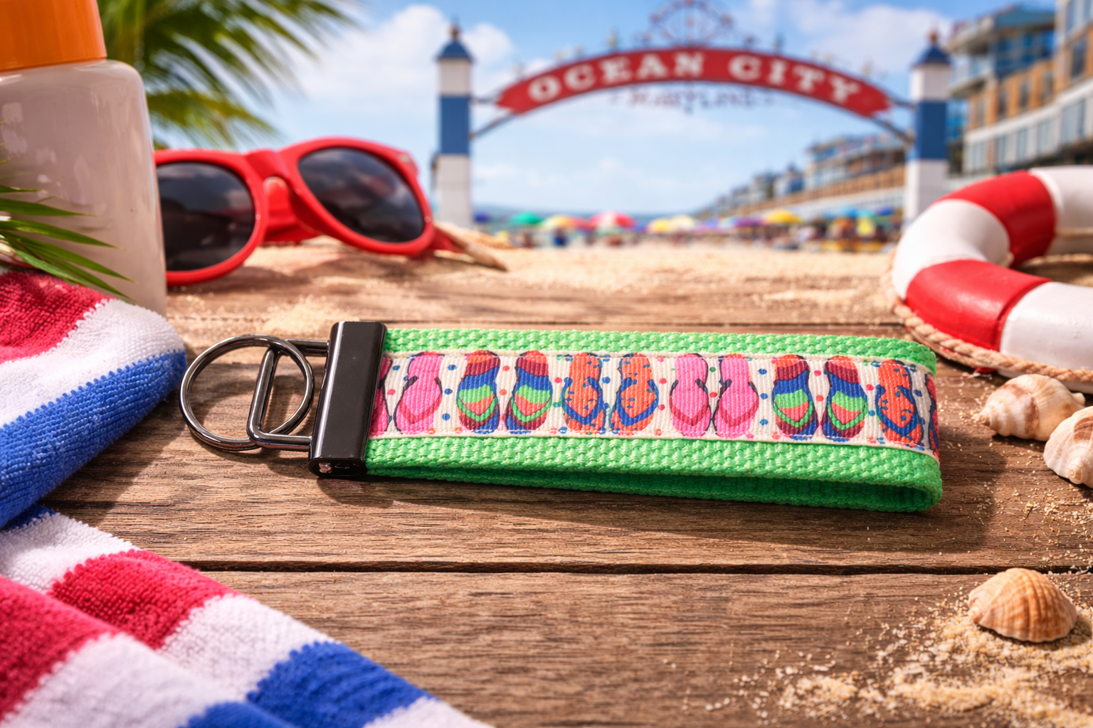 🌴  Flip-Flop Keychain — Summer Wristlet Key Fob — Beach Lover Gift — Coastal Keychain — Handmade Fabric Keychain
