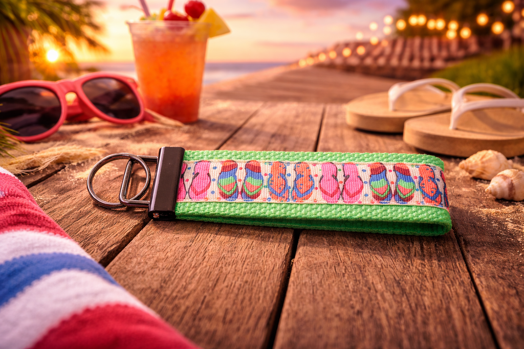 🌴  Flip-Flop Keychain — Summer Wristlet Key Fob — Beach Lover Gift — Coastal Keychain — Handmade Fabric Keychain
