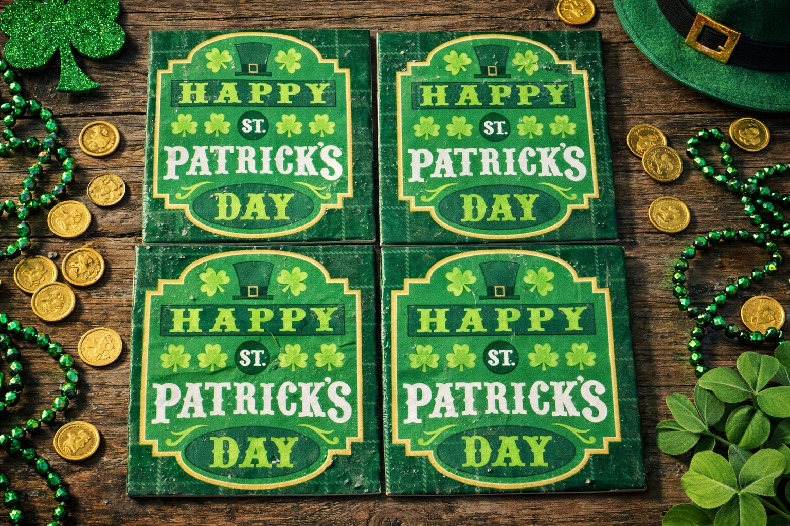 🍀 St. Patrick’s Day Ceramic Coasters — Set of 4 Waterproof Drink Coasters 🍀