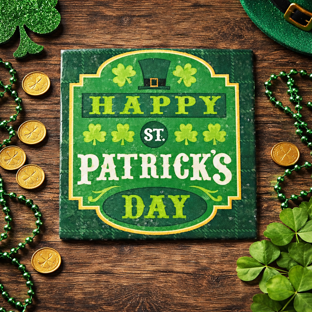 🍀 St. Patrick’s Day Ceramic Coasters — Set of 4 Waterproof Drink Coasters 🍀