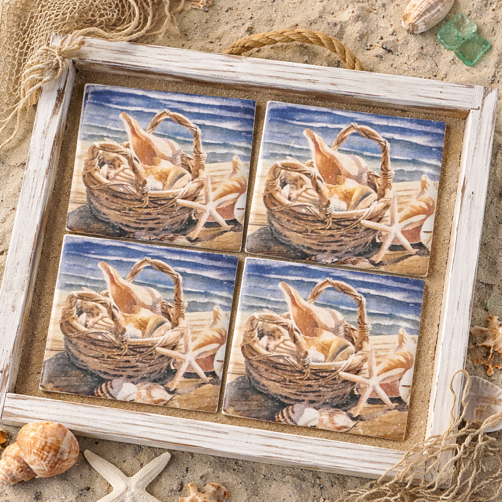 🐚 Coastal Seashell Basket Ceramic Coasters — Set of 4 Waterproof Beach Coasters — Ocean Decor — Nautical Table Decor — Housewarming Gift — Coastal Home