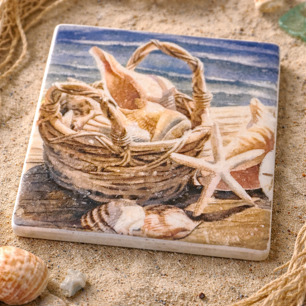 🐚 Coastal Seashell Basket Ceramic Coasters — Set of 4 Waterproof Beach Coasters — Ocean Decor — Nautical Table Decor — Housewarming Gift — Coastal Home