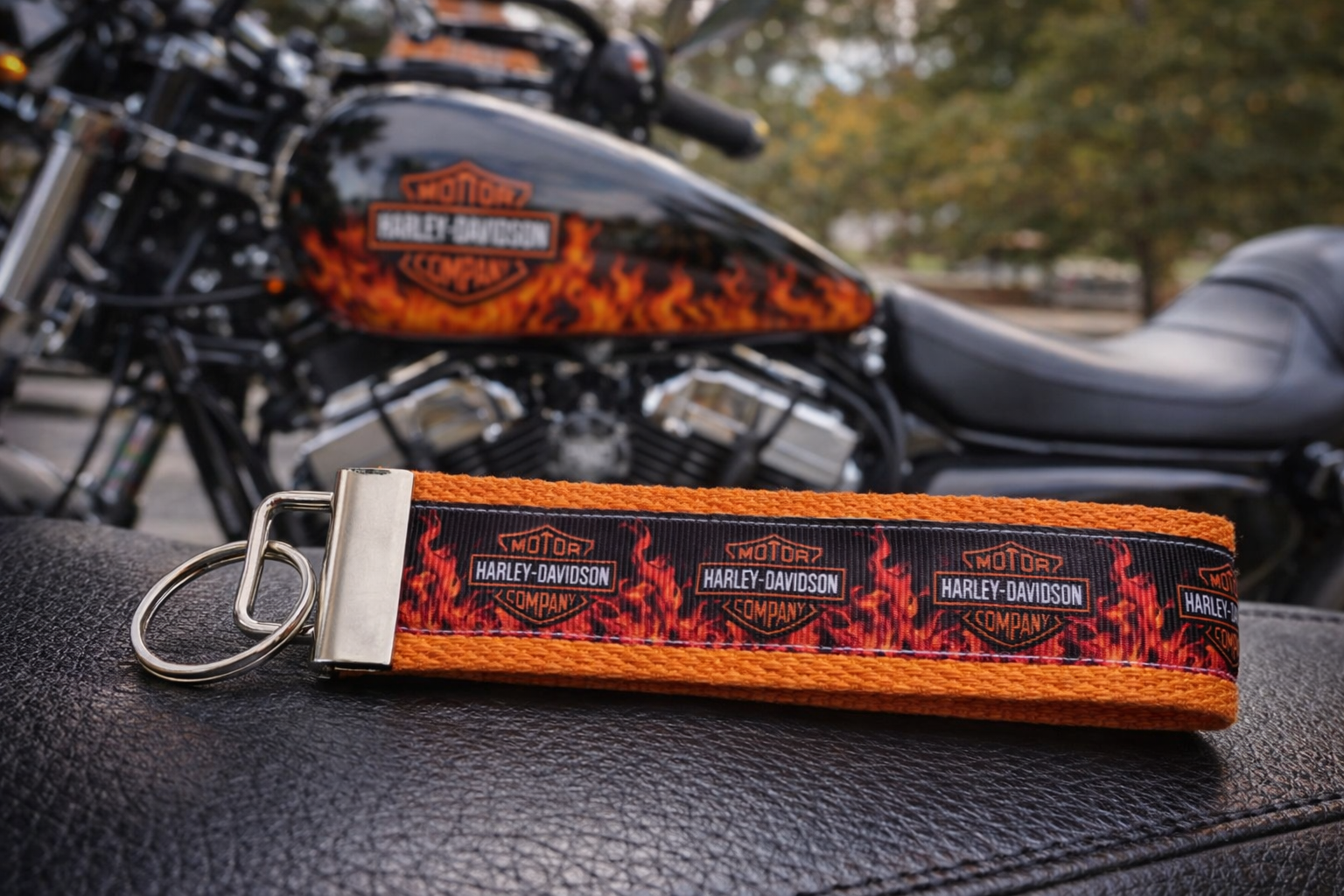 Harley Davidson Flame Keychain | Motorcycle Key Fob | Biker Keychain | Harley Rider Gift | Orange Wristlet Keychain