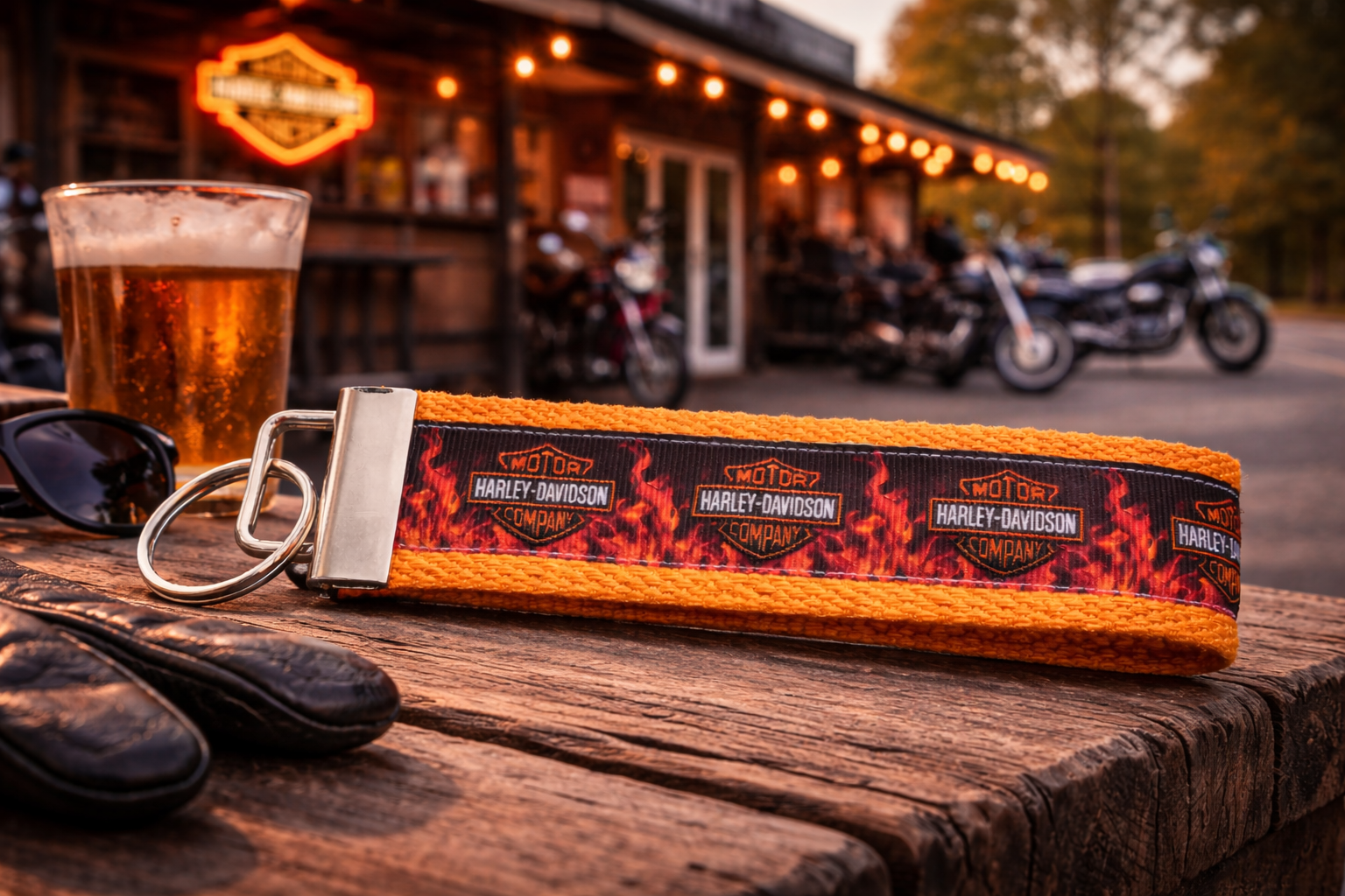 Harley Davidson Flame Keychain | Motorcycle Key Fob | Biker Keychain | Harley Rider Gift | Orange Wristlet Keychain